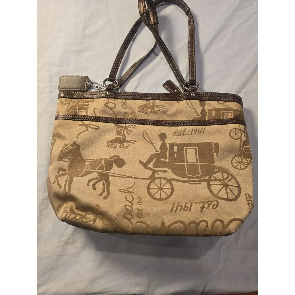 Coach F14483 Storybook Horse & Carriage Jacquard Tote Bag Champagne Gold